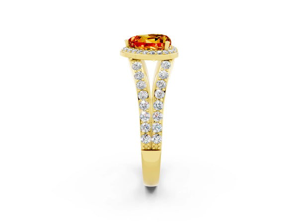 Yellow gold Heart Cut Citrine Split Shank Halo Ring with Four-Prong Setting