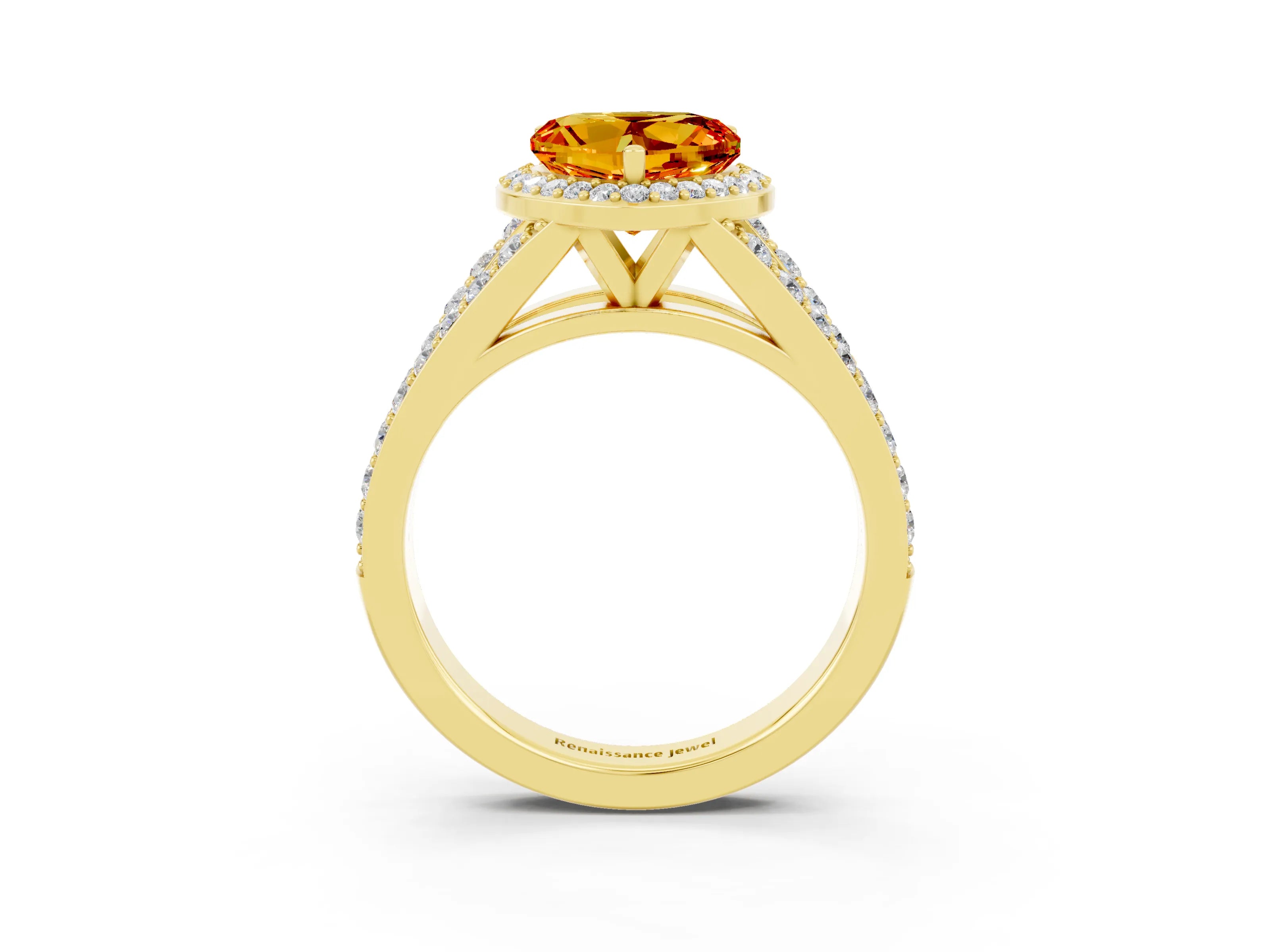 Yellow gold Heart Cut Citrine Split Shank Halo Ring with Four-Prong Setting_15