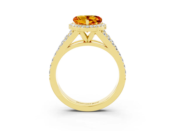 Yellow gold Heart Cut Citrine Split Shank Halo Ring with Four-Prong Setting