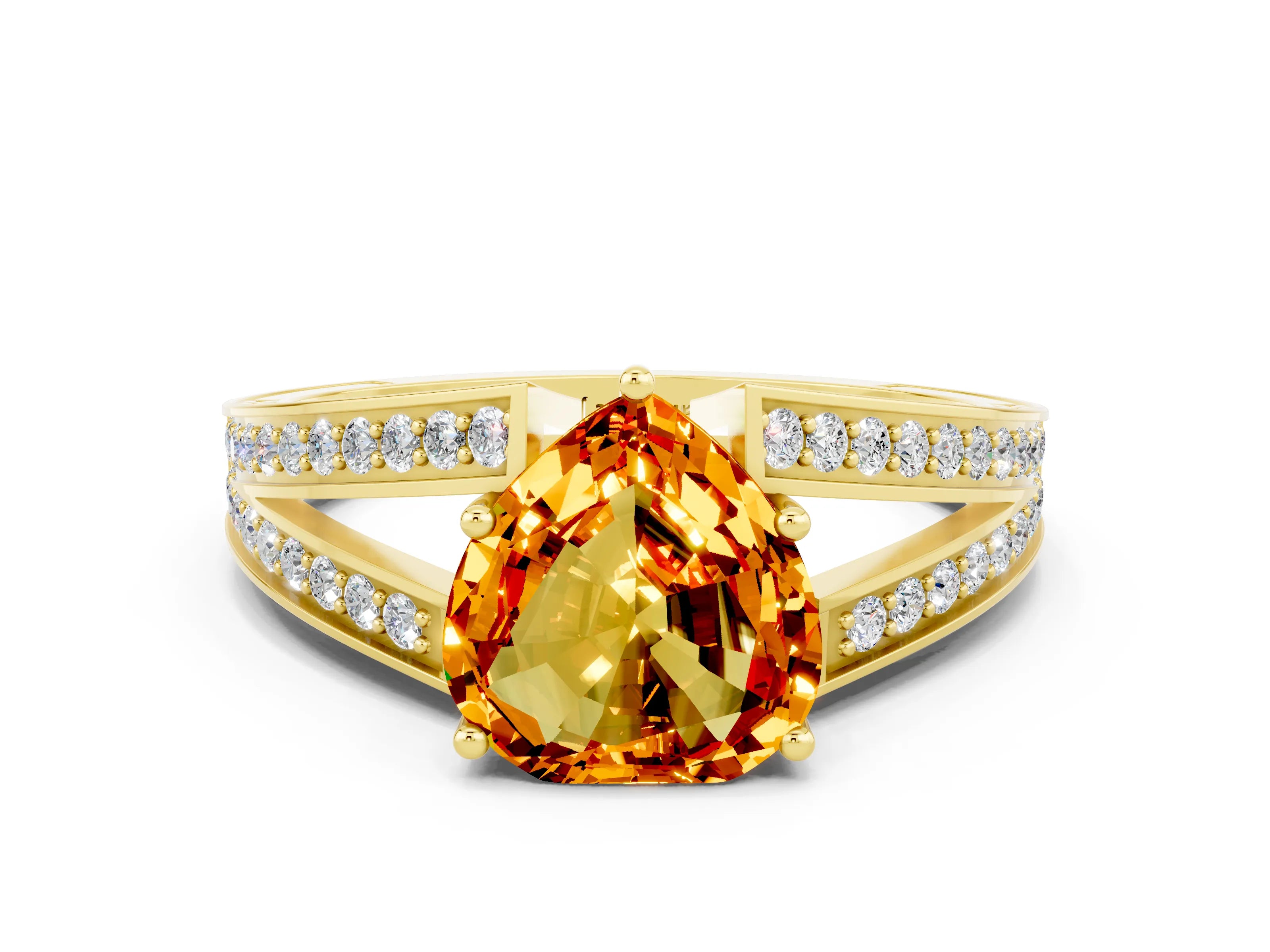 Yellow gold Heart Cut Citrine Split Shank Ring with Pavé Band and Four-Prong Setting