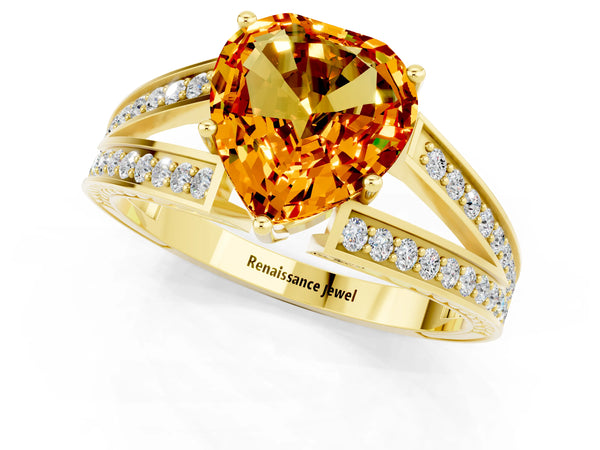 Yellow gold Heart Cut Citrine Split Shank Ring with Pavé Band and Four-Prong Setting