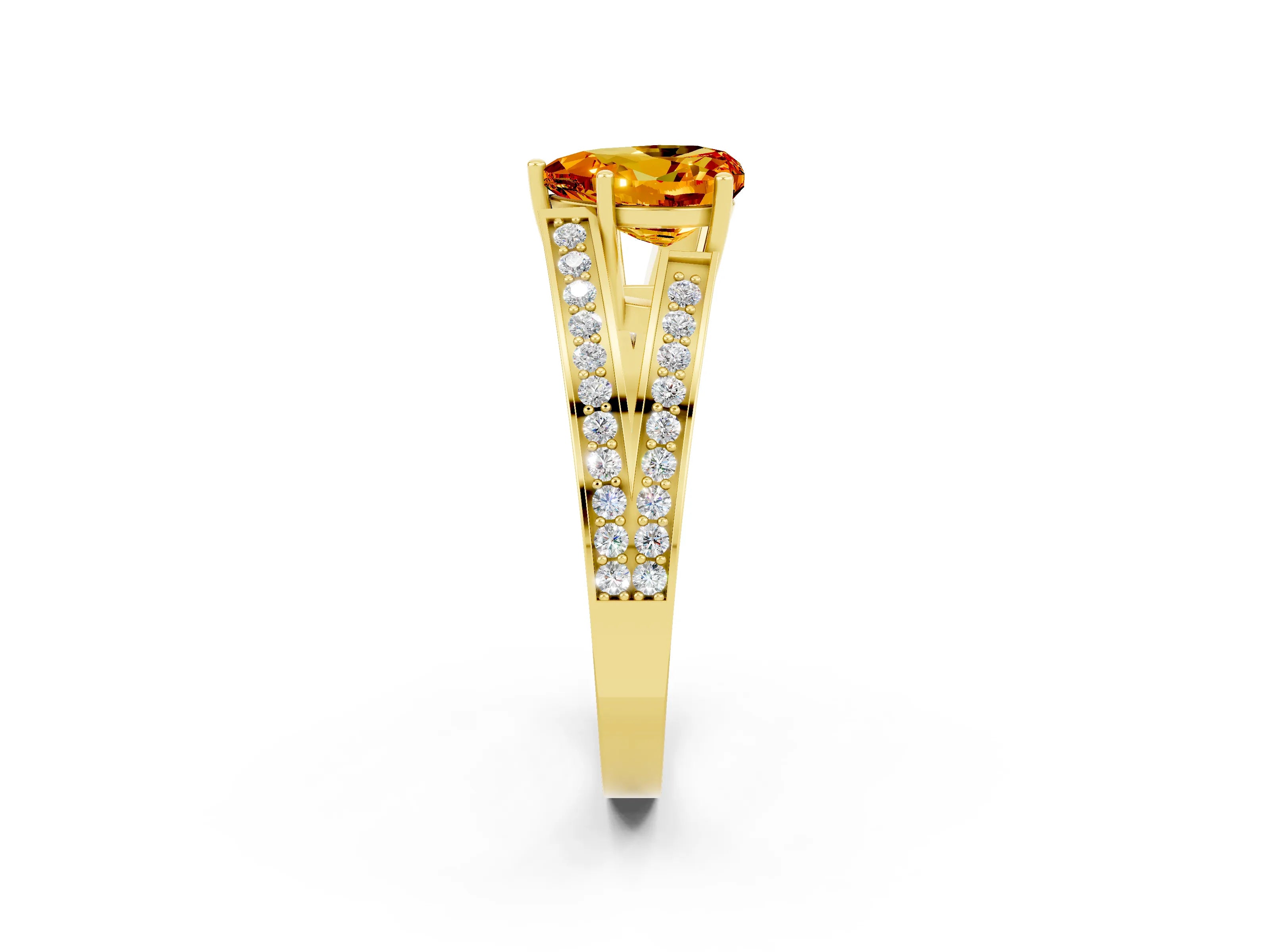 Yellow gold Heart Cut Citrine Split Shank Ring with Pavé Band and Four-Prong Setting_2