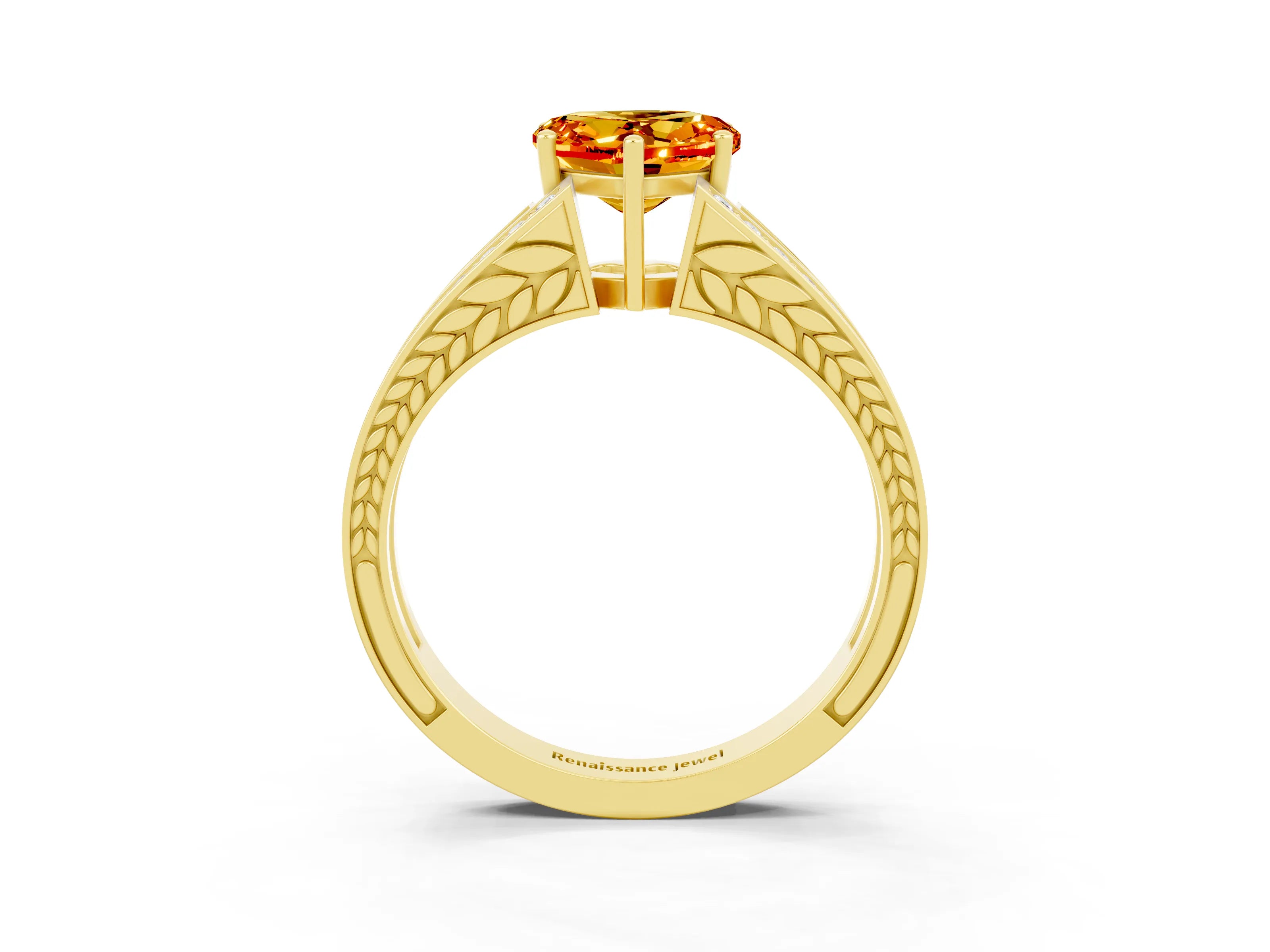 Yellow gold Heart Cut Citrine Split Shank Ring with Pavé Band and Four-Prong Setting_3