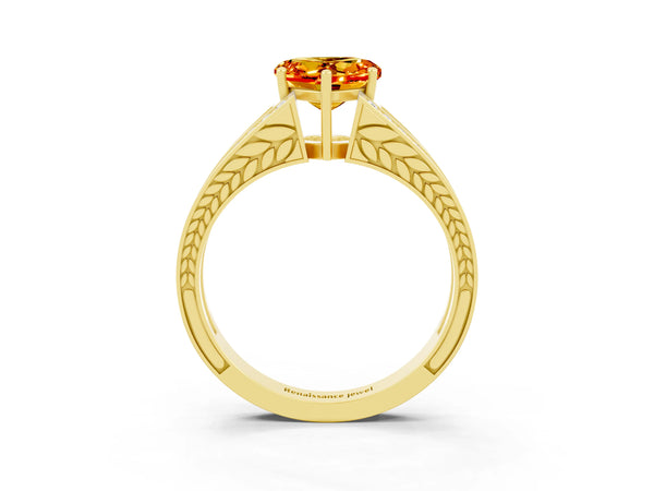 Yellow gold Heart Cut Citrine Split Shank Ring with Pavé Band and Four-Prong Setting