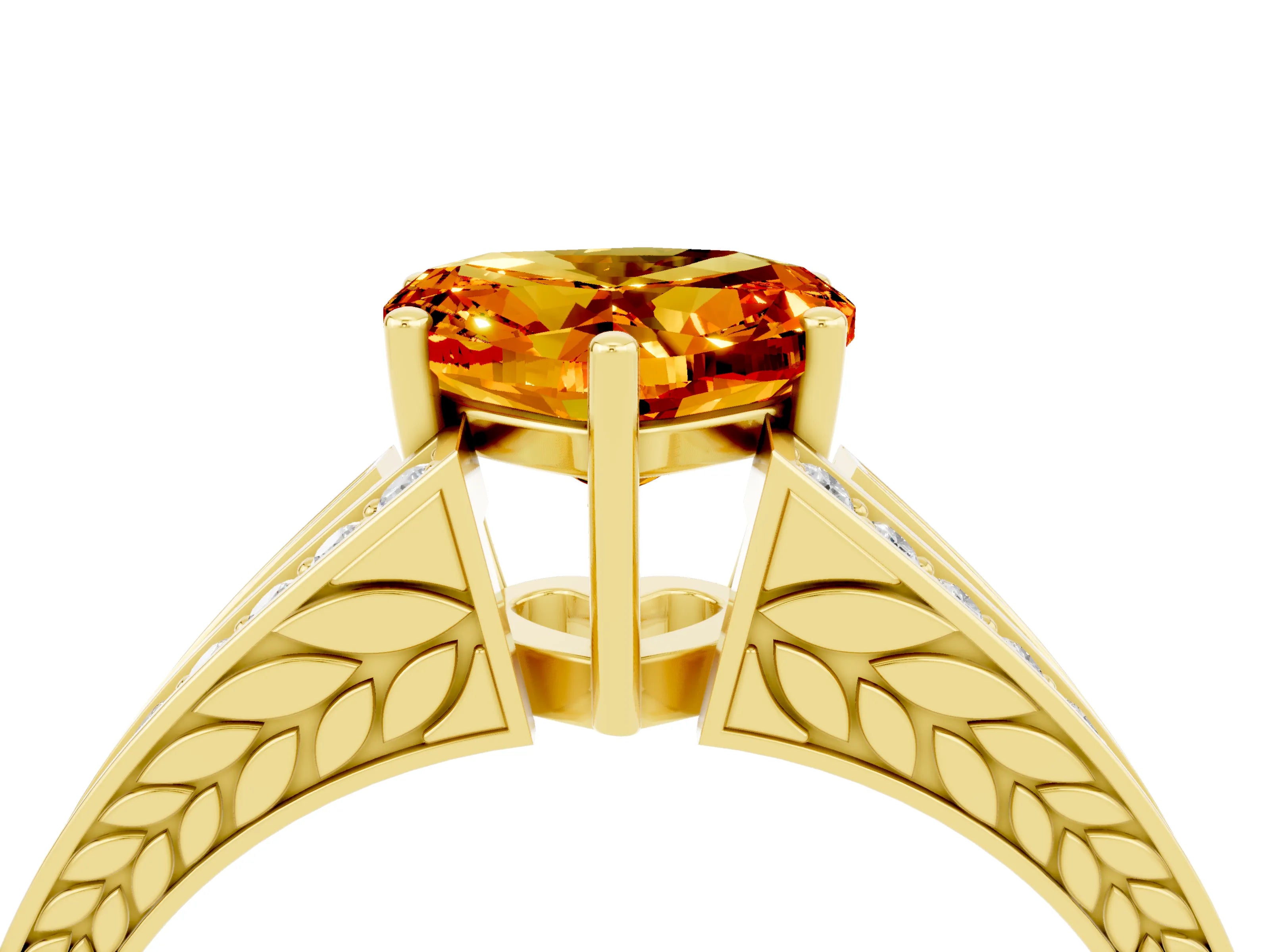 Yellow gold Heart Cut Citrine Split Shank Ring with Pavé Band and Four-Prong Setting_4