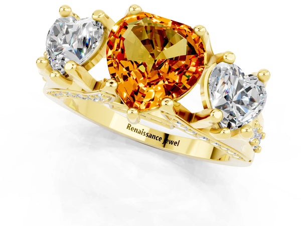 Yellow gold Heart Cut Citrine Three-Stone Ring with Channel Set Band and Four-Prong Setting