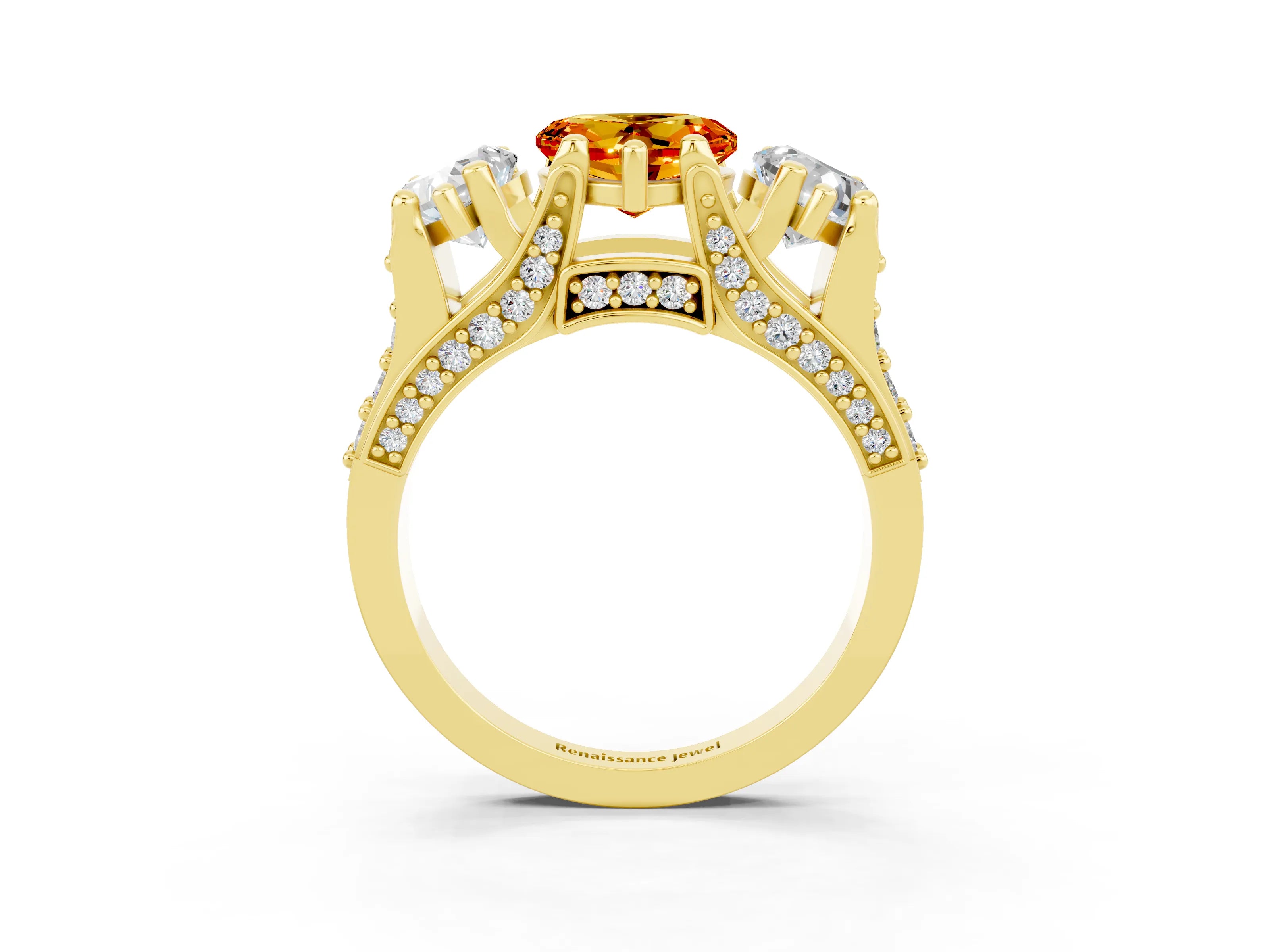 Yellow gold Heart Cut Citrine Three-Stone Ring with Channel Set Band and Four-Prong Setting_3