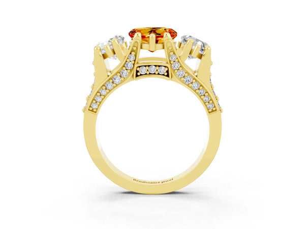 Yellow gold Heart Cut Citrine Three-Stone Ring with Channel Set Band and Four-Prong Setting
