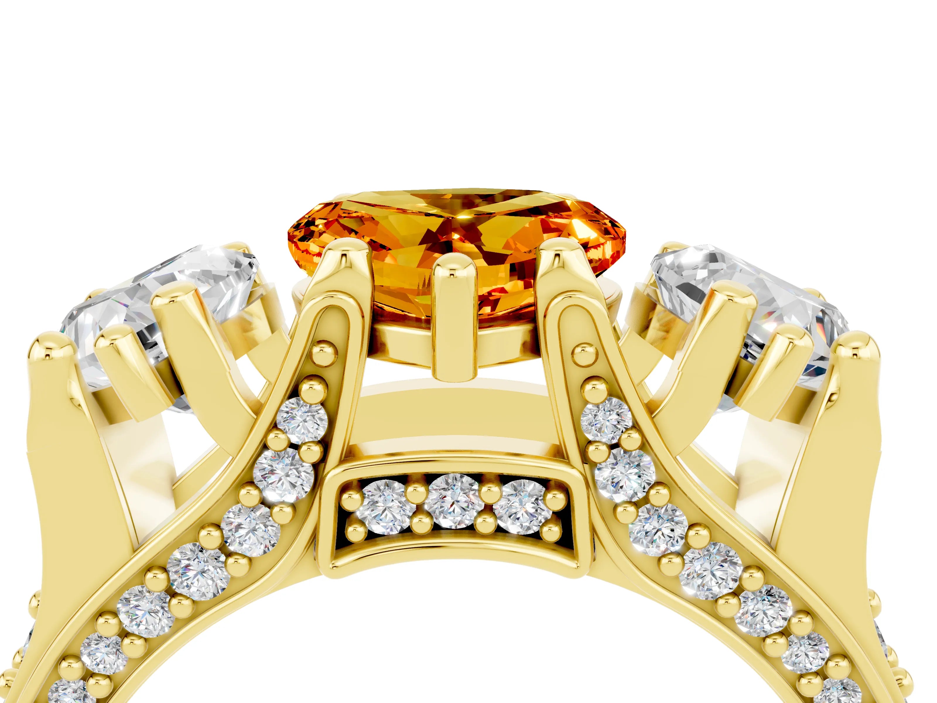 Yellow gold Heart Cut Citrine Three-Stone Ring with Channel Set Band and Four-Prong Setting_4