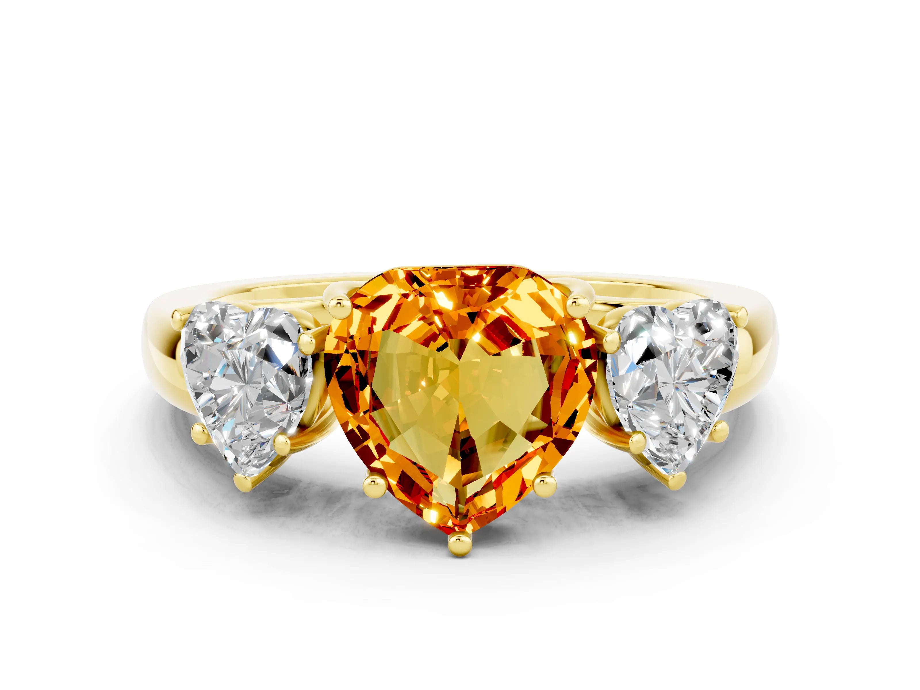 Yellow gold Heart Cut Citrine Three-Stone Ring with Four-Prong Setting and Classic Band