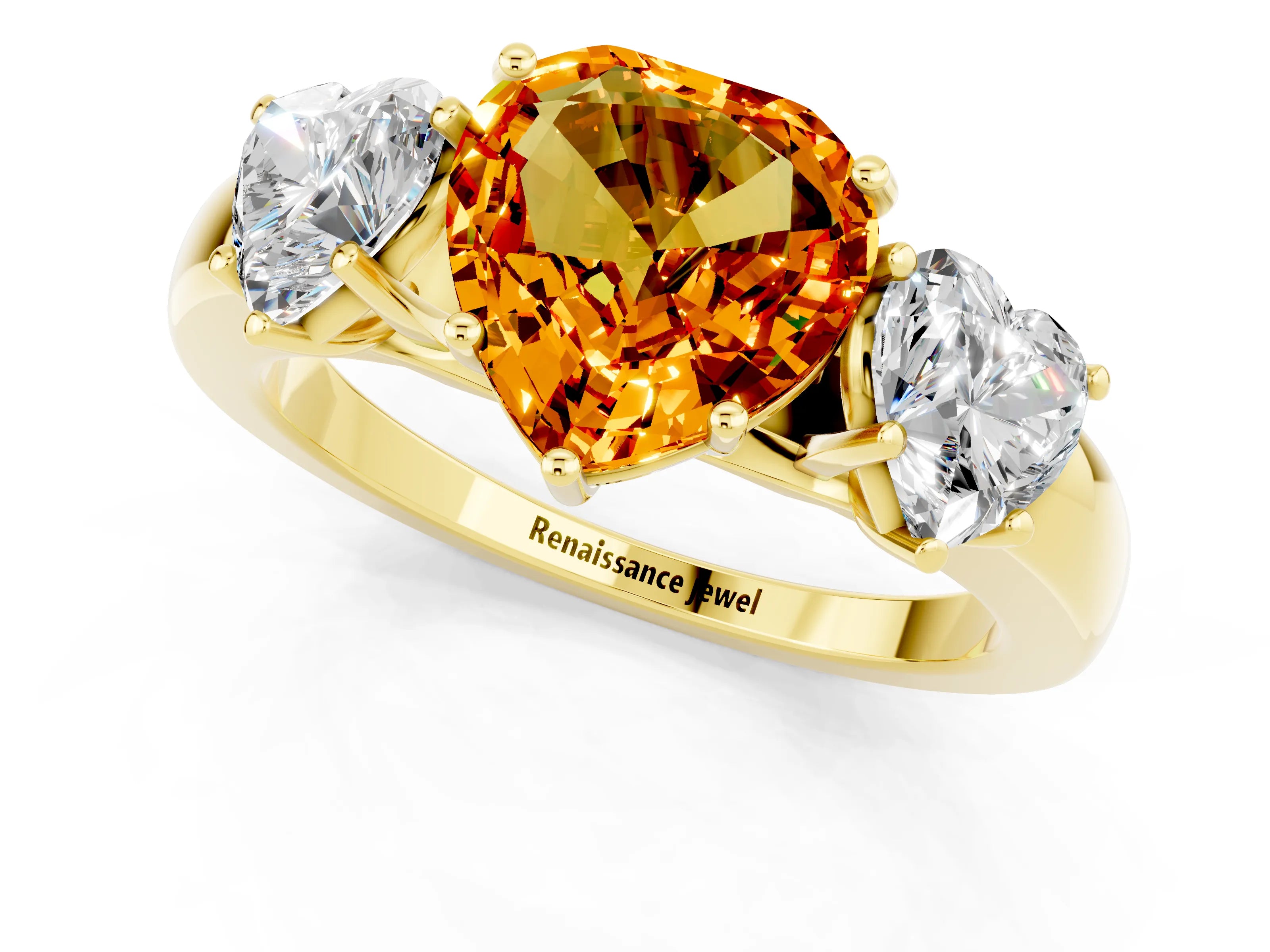 Yellow gold Heart Cut Citrine Three-Stone Ring with Four-Prong Setting and Classic Band_1