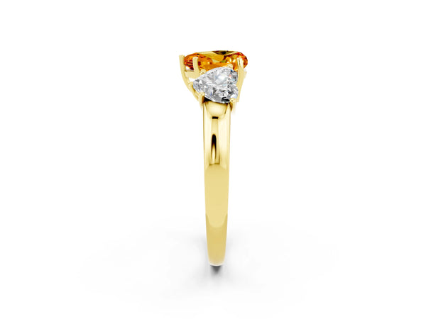 Yellow gold Heart Cut Citrine Three-Stone Ring with Four-Prong Setting and Classic Band
