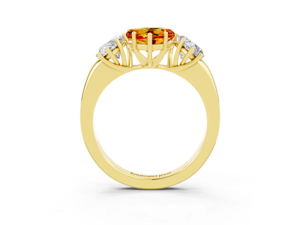 Yellow gold Heart Cut Citrine Three-Stone Ring with Four-Prong Setting and Classic Band