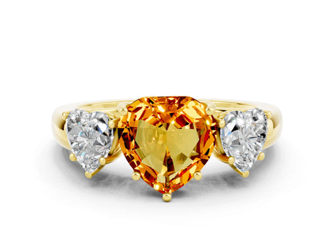 Yellow gold Heart Cut Citrine Three-Stone Ring with Four-Prong Setting and Classic Band