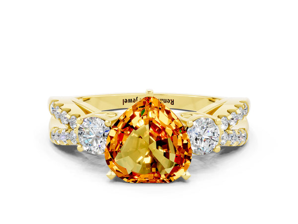 Yellow gold Heart Cut Citrine Three-Stone Ring with Pavé Split Shank and Four-Prong Setting