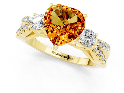 Yellow gold Heart Cut Citrine Three-Stone Ring with Pavé Split Shank and Four-Prong Setting_1