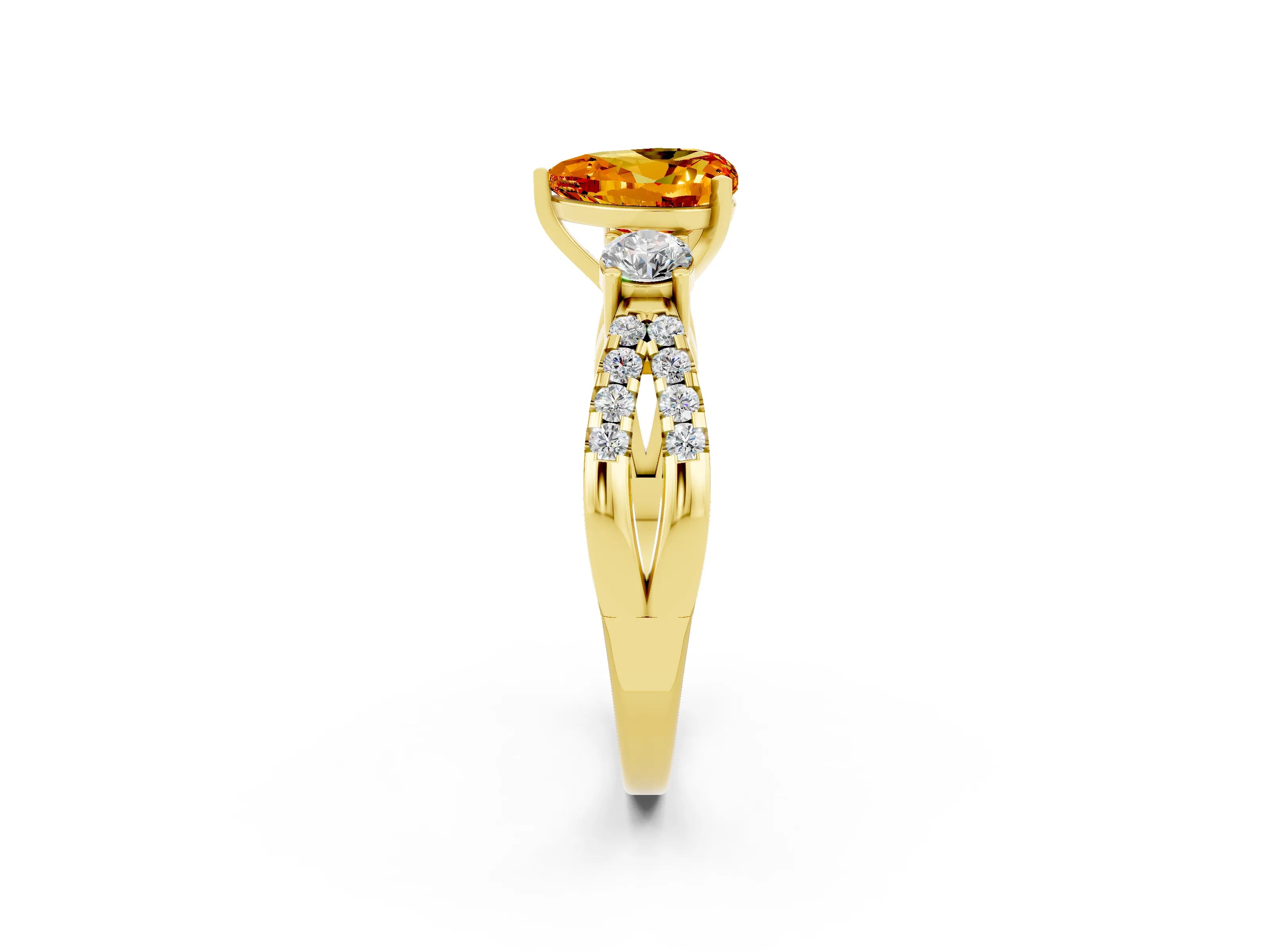 Yellow gold Heart Cut Citrine Three-Stone Ring with Pavé Split Shank and Four-Prong Setting_2
