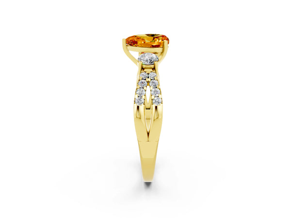 Yellow gold Heart Cut Citrine Three-Stone Ring with Pavé Split Shank and Four-Prong Setting