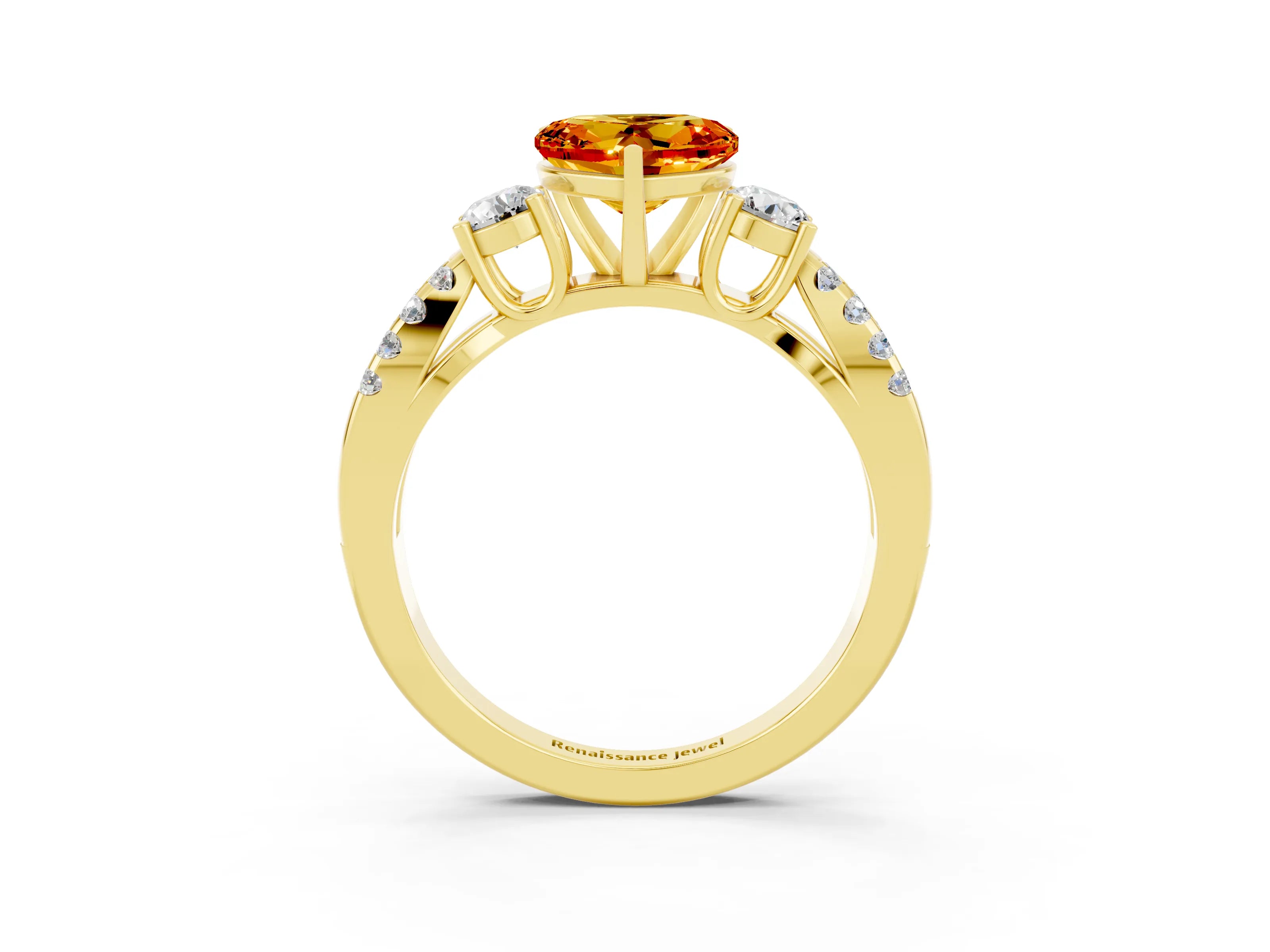 Yellow gold Heart Cut Citrine Three-Stone Ring with Pavé Split Shank and Four-Prong Setting_3