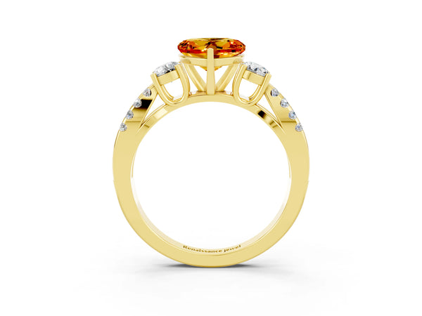 Yellow gold Heart Cut Citrine Three-Stone Ring with Pavé Split Shank and Four-Prong Setting