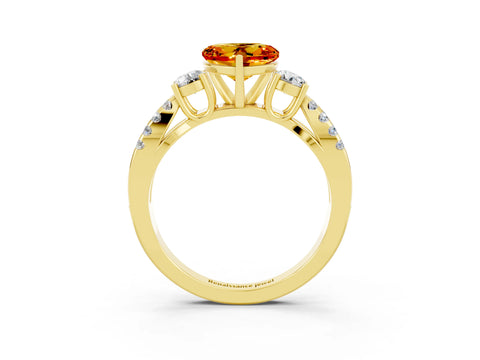 Yellow gold Heart Cut Citrine Three-Stone Ring with Pavé Split Shank and Four-Prong Setting_3