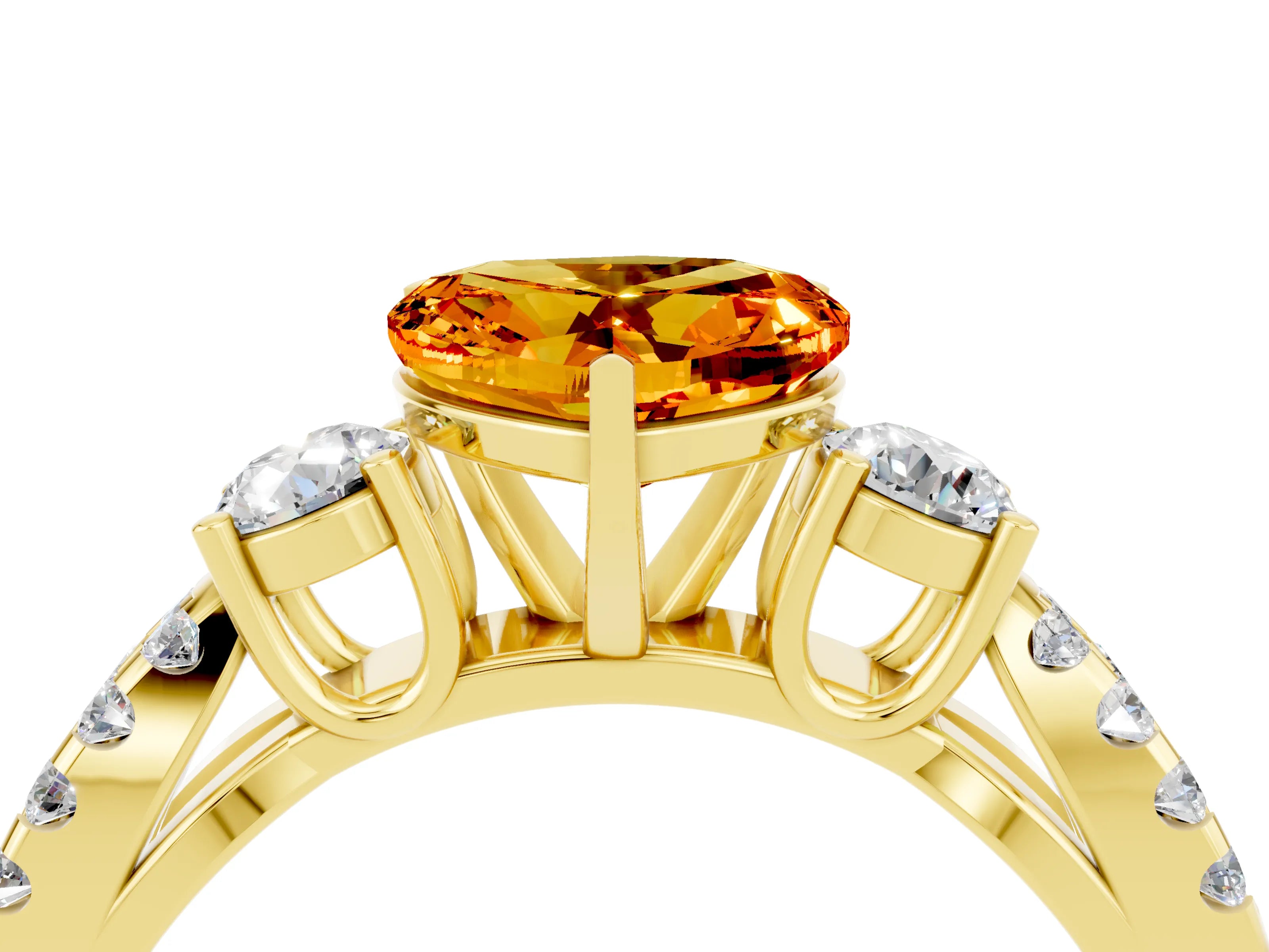 Yellow gold Heart Cut Citrine Three-Stone Ring with Pavé Split Shank and Four-Prong Setting_4