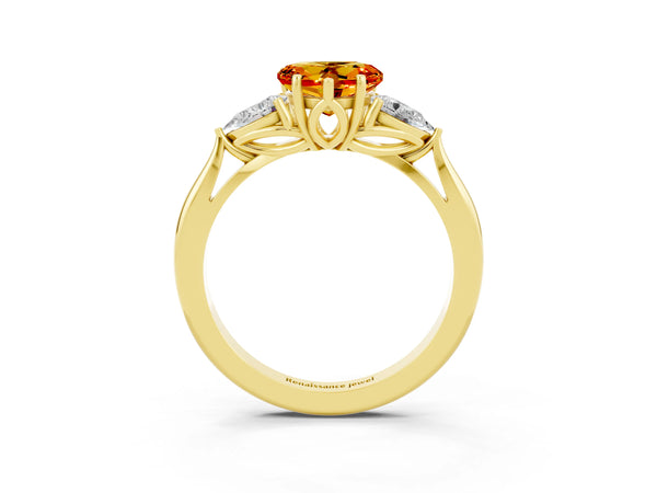 Yellow gold Heart Cut Citrine Three-Stone Ring with Pear  Side Stones and Prong Setting