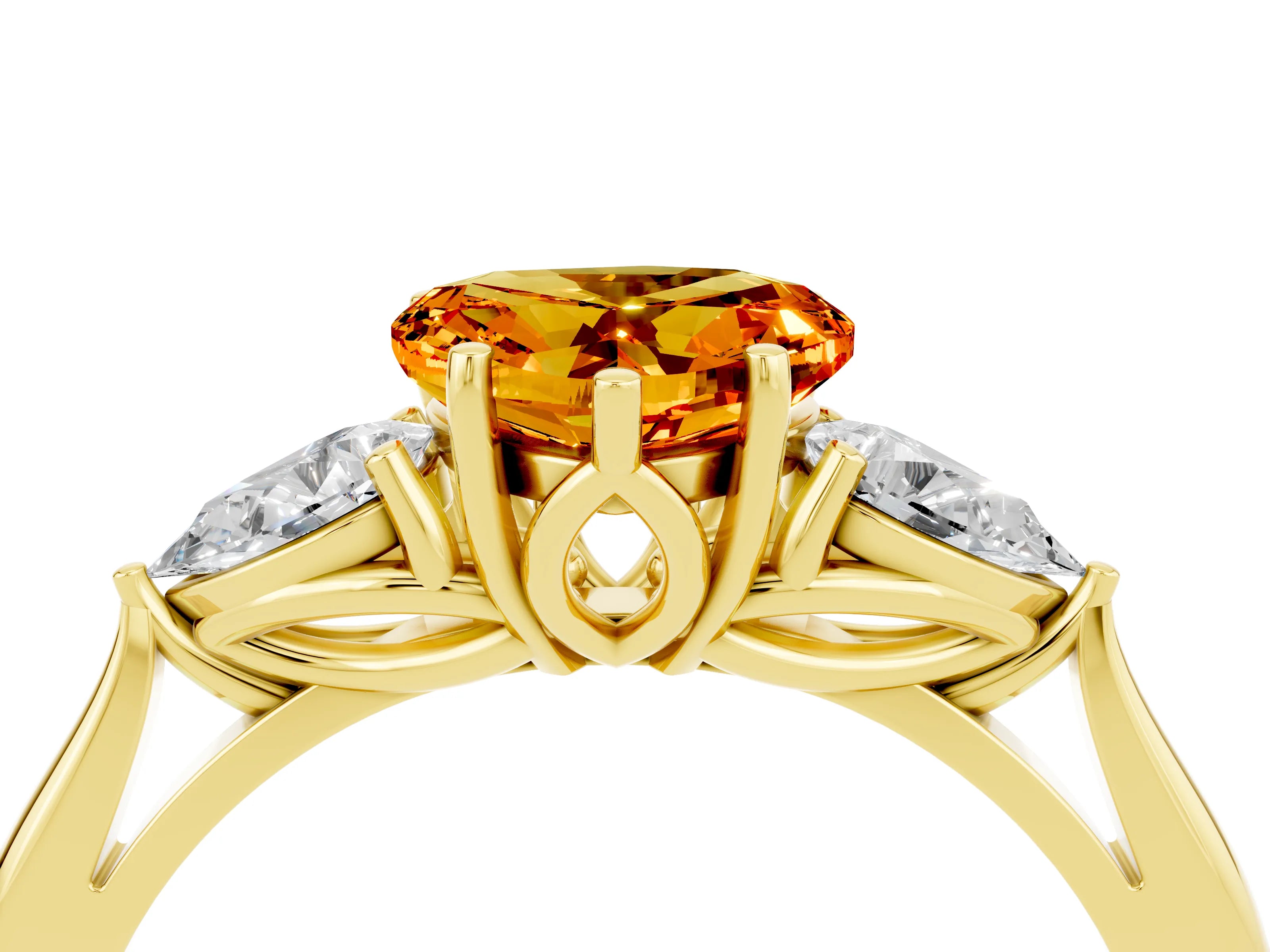 Yellow gold Heart Cut Citrine Three-Stone Ring with Pear Side Stones and Four-Prong Setting_16