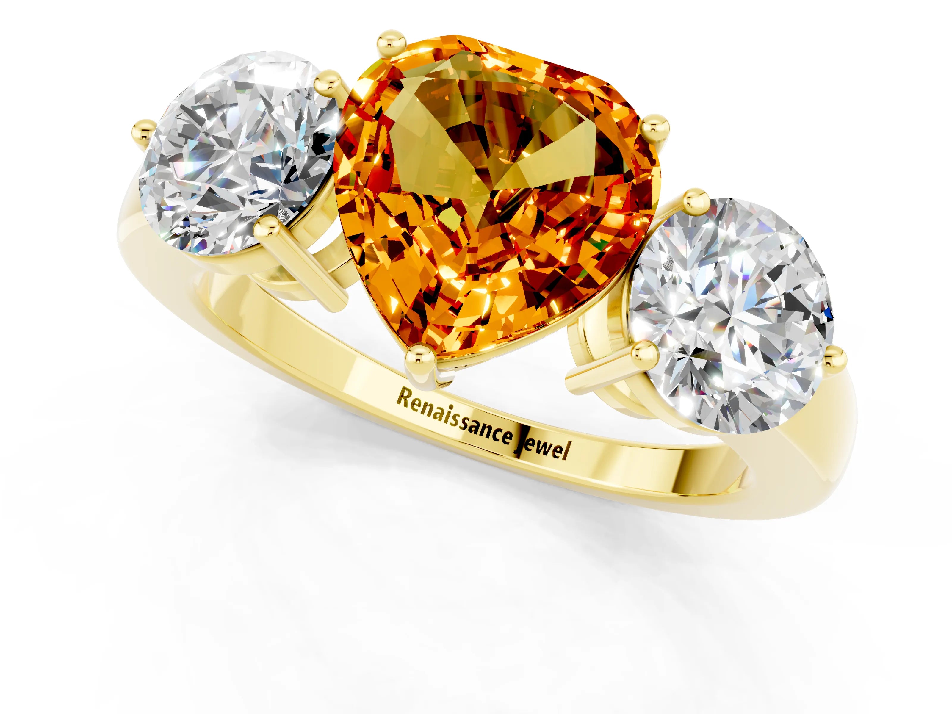 Yellow gold Heart Cut Citrine Three-Stone Ring with Prong Setting and Classic Band_1