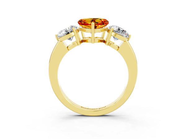 Yellow gold Heart Cut Citrine Three-Stone Ring with Prong Setting and Classic Band
