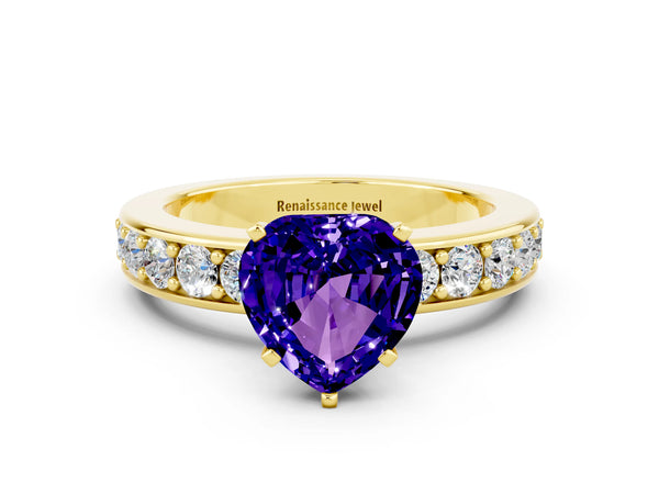 Yellow gold Heart Cut Tanzanite Engagement Ring with Channel Set Round  Band and Prong Setting