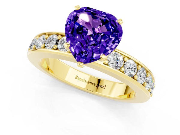 Yellow gold Heart Cut Tanzanite Engagement Ring with Channel Set Round  Band and Prong Setting
