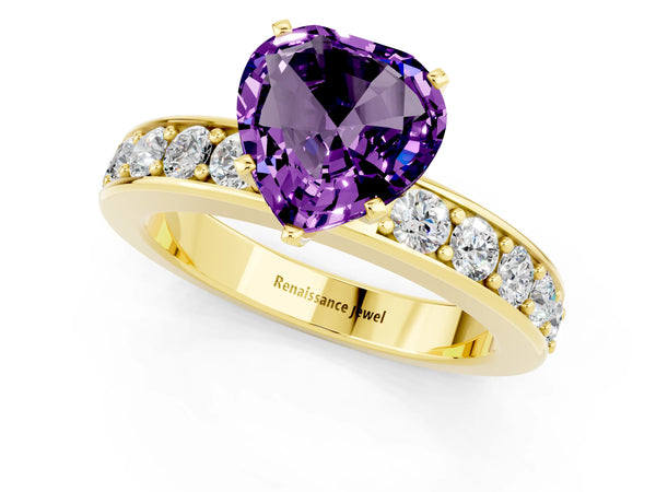 Yellow gold Heart Cut Amethyst Engagement Ring with Channel Set Round  Band and Prong Setting