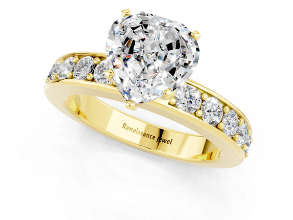 Yellow gold Heart Cut Moissanite Engagement Ring with Channel Set Round  Band and Prong Setting