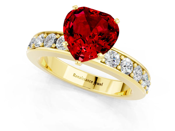 Yellow gold Heart Cut Ruby Engagement Ring with Channel Set Round  Band and Prong Setting
