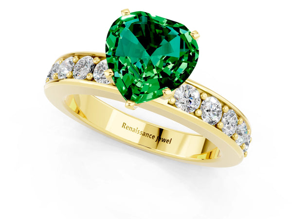 Yellow gold Heart Cut Emerald Engagement Ring with Channel Set Round  Band and Prong Setting