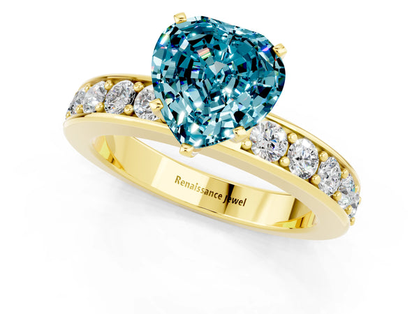 Yellow gold Heart Cut Blue Topaz Engagement Ring with Channel Set Round  Band and Prong Setting