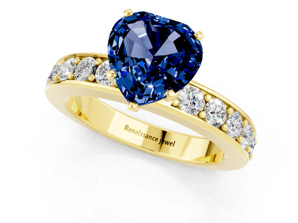 Yellow gold Heart Cut Blue Sapphire Engagement Ring with Channel Set Round  Band and Prong Setting