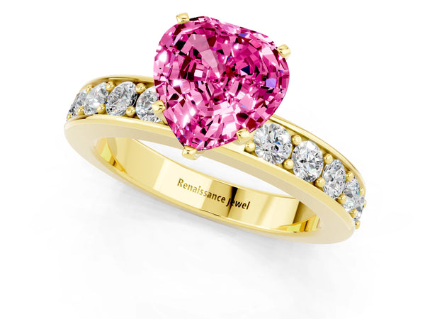 Yellow gold Heart Cut Pink Sapphire Engagement Ring with Channel Set Round  Band and Prong Setting