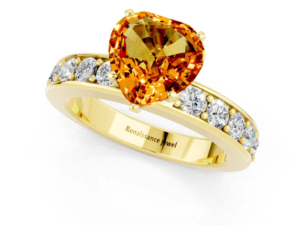 Yellow gold Heart Cut Citrine Engagement Ring with Channel Set Round  Band and Prong Setting