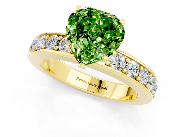 Yellow gold Heart Cut Peridot Engagement Ring with Channel Set Round  Band and Prong Setting