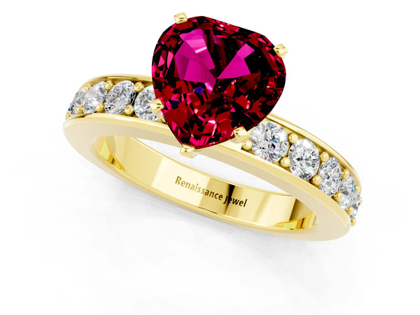 Yellow gold Heart Cut Garnet Engagement Ring with Channel Set Round  Band and Prong Setting