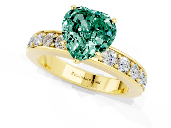 Yellow gold Heart Cut Green Sapphire Engagement Ring with Channel Set Round  Band and Prong Setting