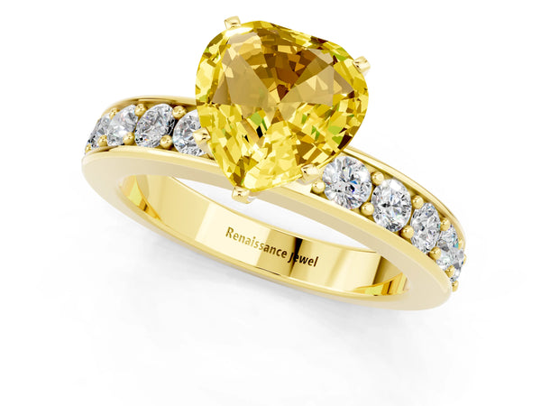 Yellow gold Heart Cut Yellow Sapphire Engagement Ring with Channel Set Round  Band and Prong Setting
