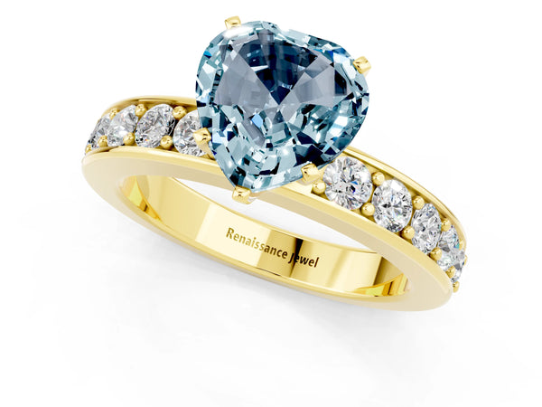Yellow gold Heart Cut Aquamarine Engagement Ring with Channel Set Round  Band and Prong Setting