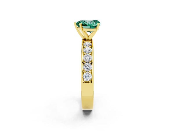 Yellow gold Heart Cut Green Sapphire Engagement Ring with Channel Set Round  Band and Prong Setting