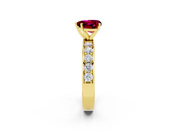 Yellow gold Heart Cut Garnet Engagement Ring with Channel Set Round  Band and Prong Setting