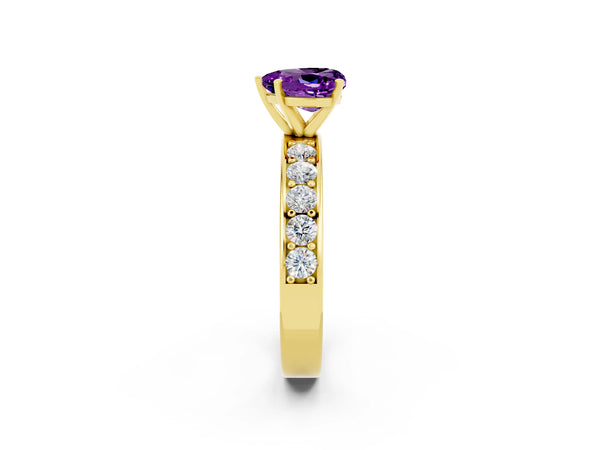 Yellow gold Heart Cut Amethyst Engagement Ring with Channel Set Round  Band and Prong Setting