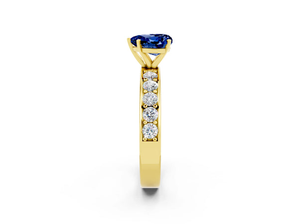 Yellow gold Heart Cut Blue Sapphire Engagement Ring with Channel Set Round  Band and Prong Setting