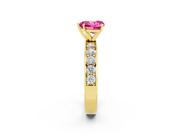 Yellow gold Heart Cut Pink Sapphire Engagement Ring with Channel Set Round  Band and Prong Setting